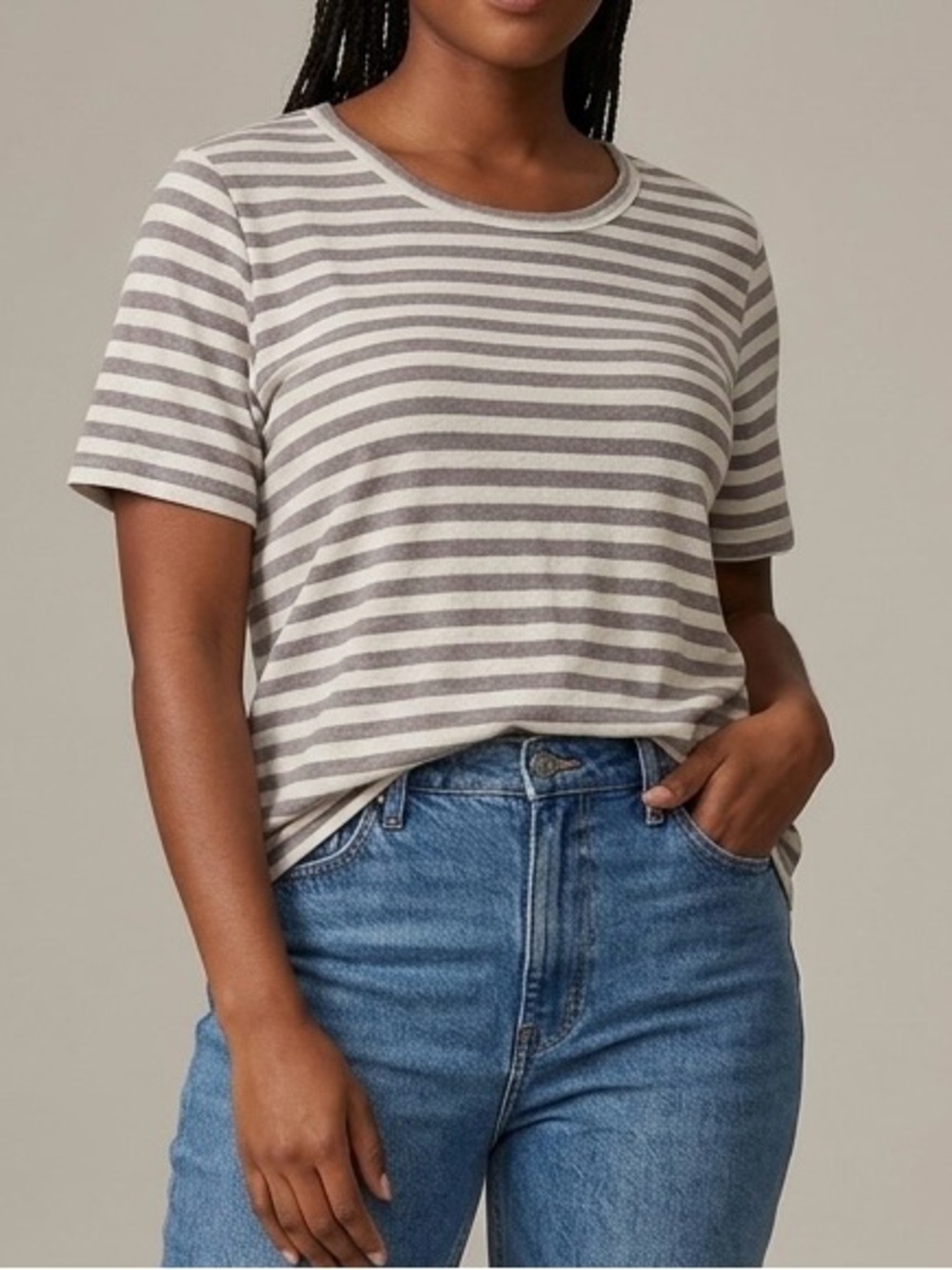 Ellen Tracy Striped Short-Sleeve Tee in Cream and brown